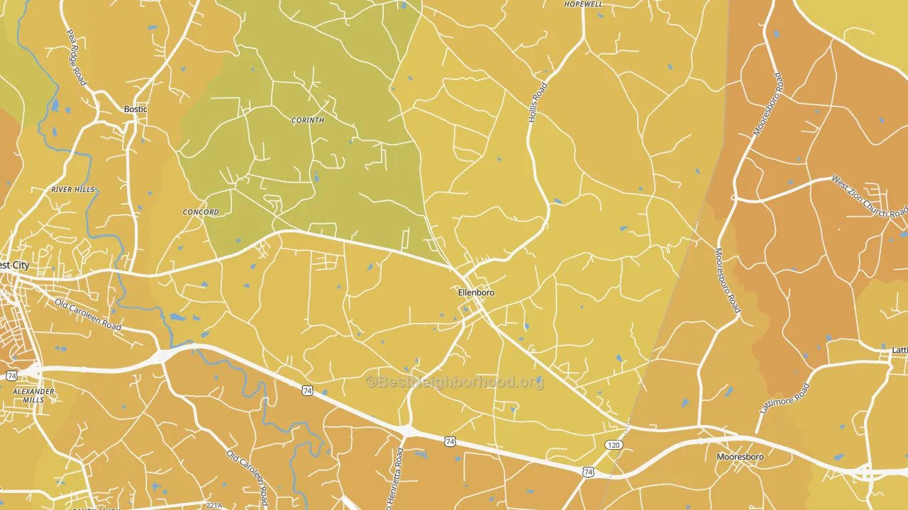 Map of the best neighborhoods in the Ellenboro area, with better matches in green and worse matches in red