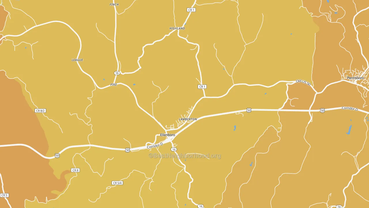 Map of the best neighborhoods in the Ellenboro area, with better matches in green and worse matches in red