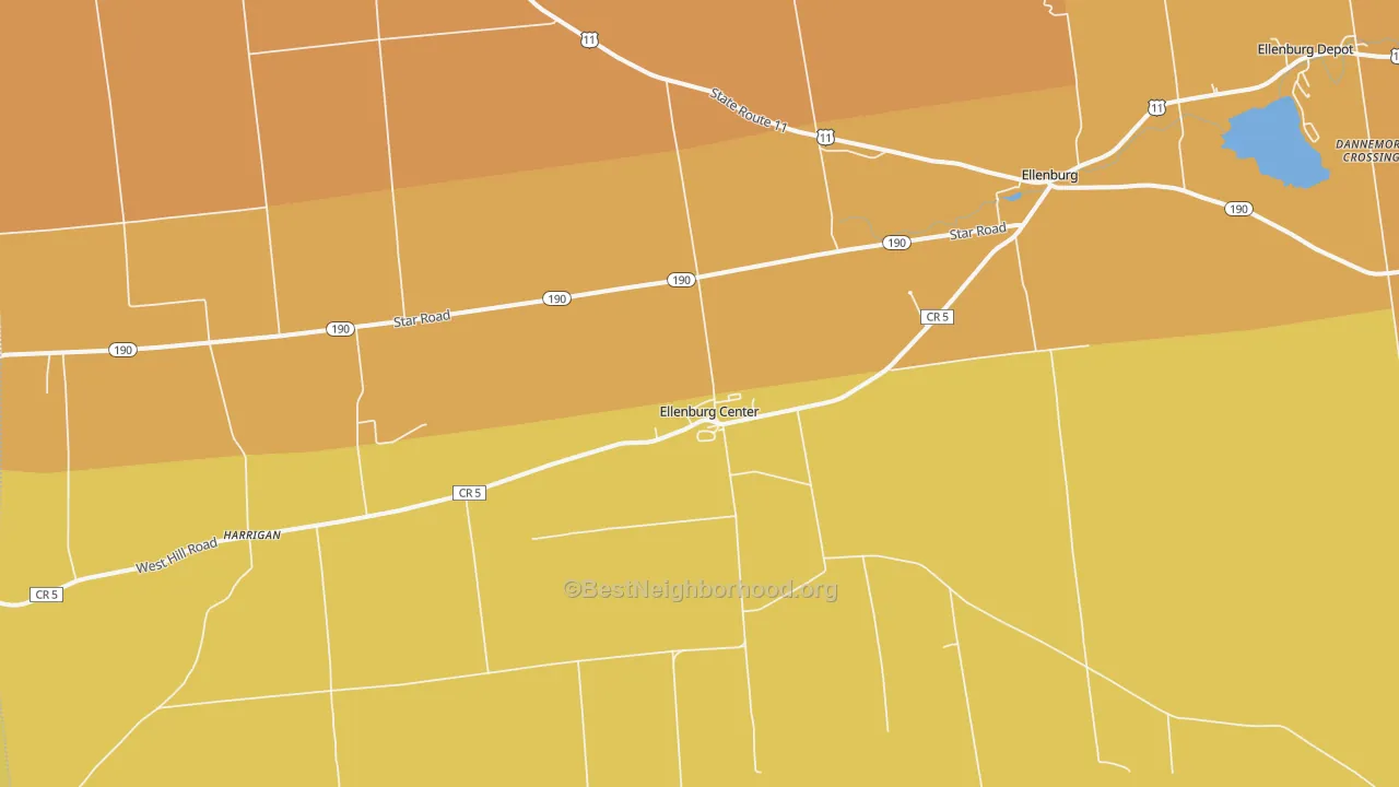 Map of the best neighborhoods in the Ellenburg Center area, with better matches in green and worse matches in red