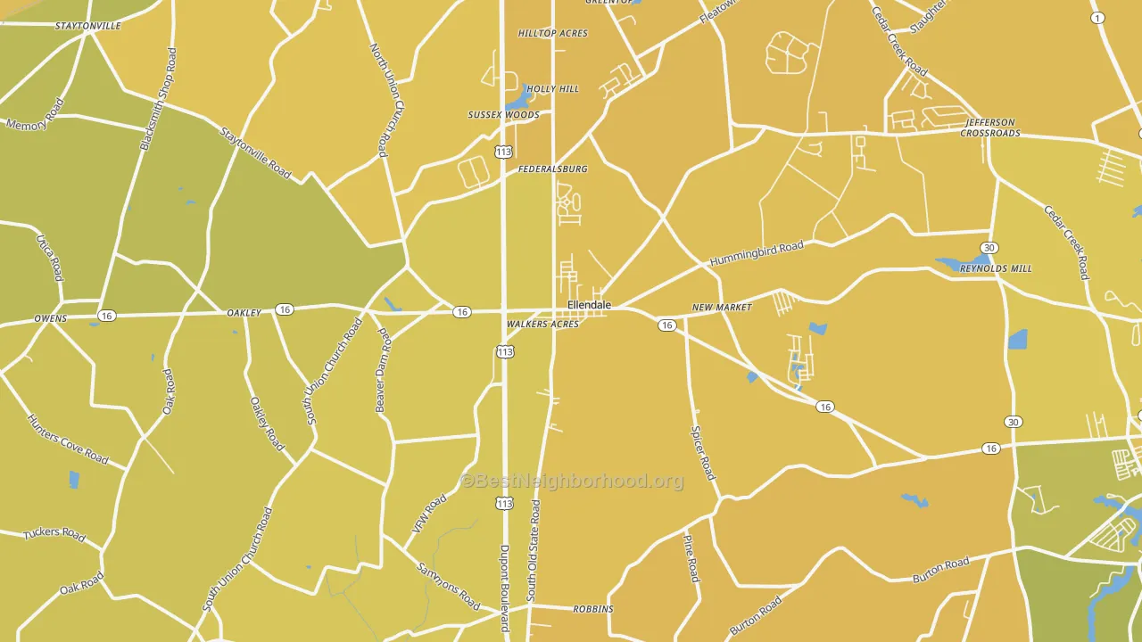 Map of the best neighborhoods in the Ellendale area, with better matches in green and worse matches in red