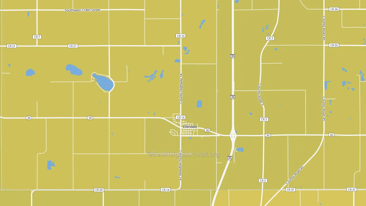 Map of the best neighborhoods in the Ellendale area, with better matches in green and worse matches in red