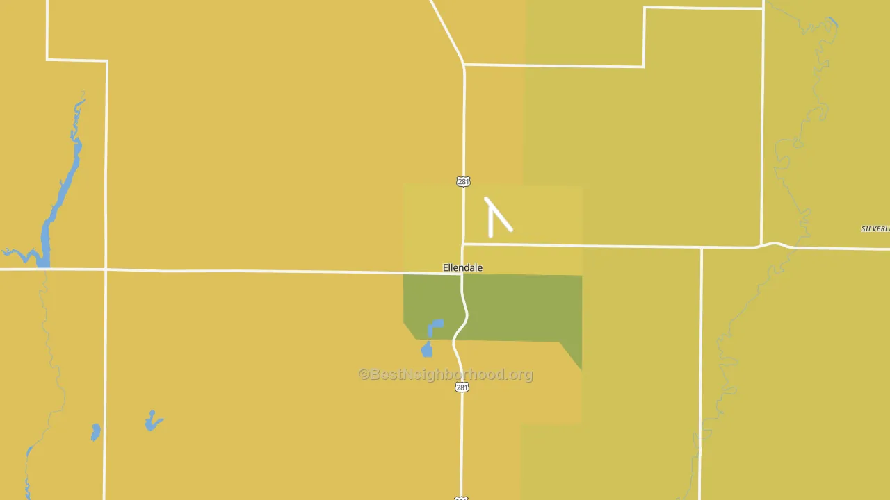 Map of the best neighborhoods in the Ellendale area, with better matches in green and worse matches in red