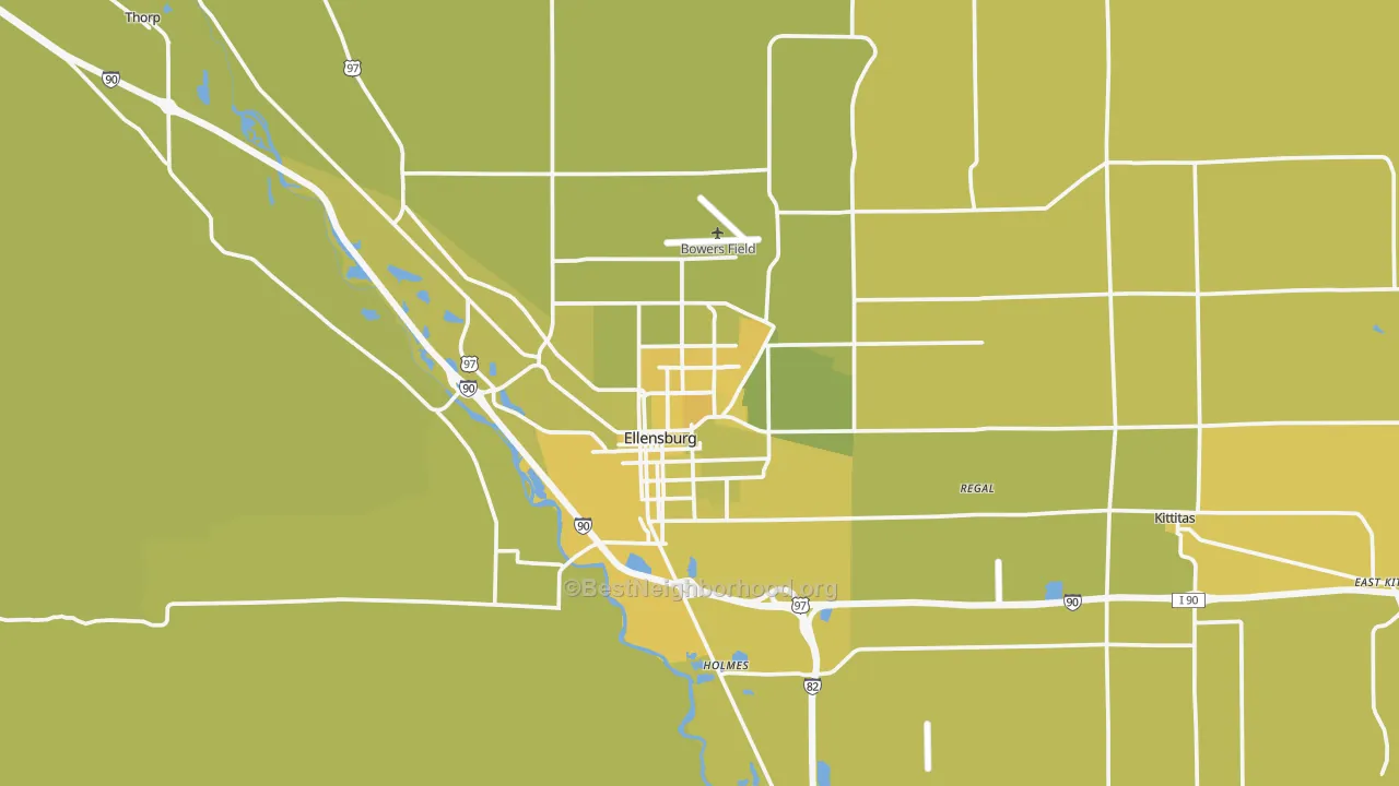 Map of the best neighborhoods in the Ellensburg area, with better matches in green and worse matches in red