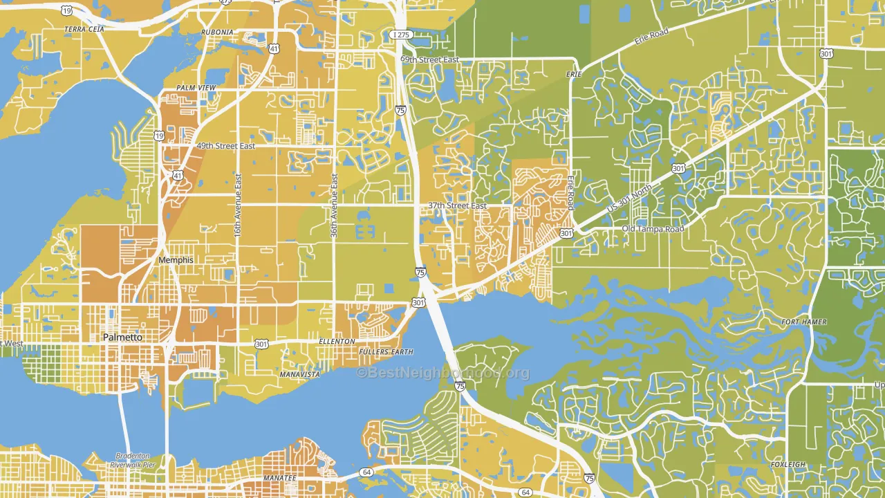 Map of the best neighborhoods in the Ellenton area, with better matches in green and worse matches in red