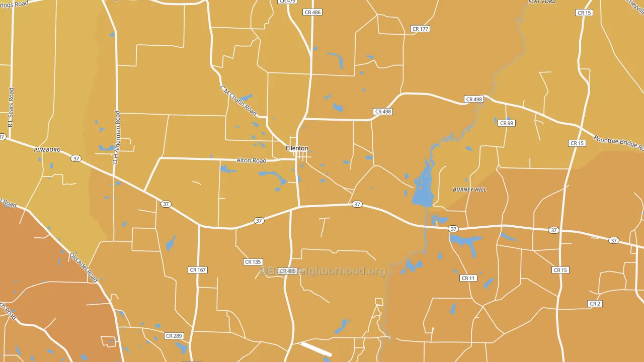 Map of the best neighborhoods in the Ellenton area, with better matches in green and worse matches in red