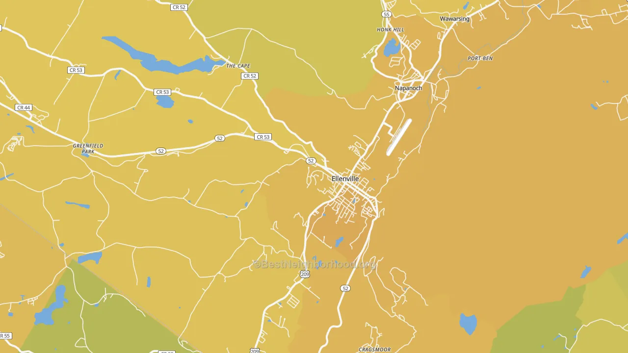 Map of the best neighborhoods in the Ellenville area, with better matches in green and worse matches in red