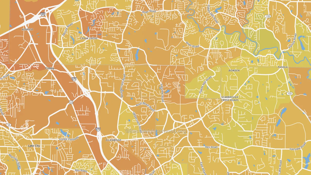 Map of the best neighborhoods in the Ellenwood area, with better matches in green and worse matches in red