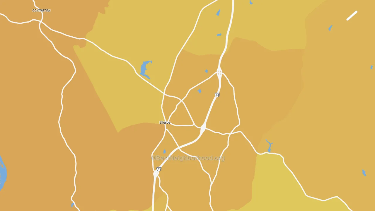 Map of the best neighborhoods in the Ellerbe area, with better matches in green and worse matches in red