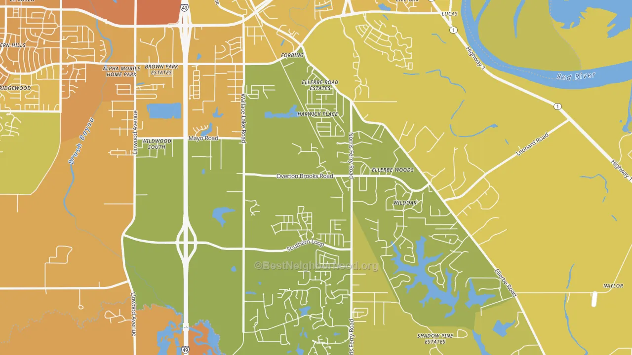 Map of the best neighborhoods in the Ellerbee Woods, Shreveport area, with better matches in green and worse matches in red