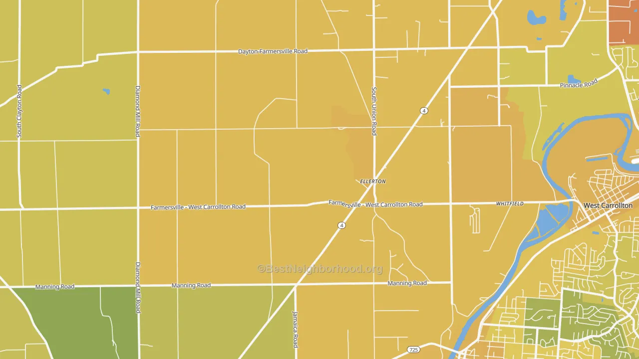 Map of the best neighborhoods in the Ellerton area, with better matches in green and worse matches in red