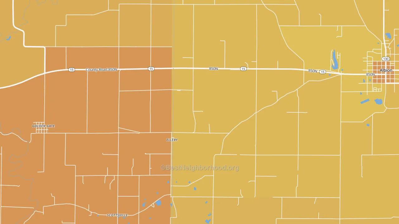 Map of the best neighborhoods in the Ellery area, with better matches in green and worse matches in red