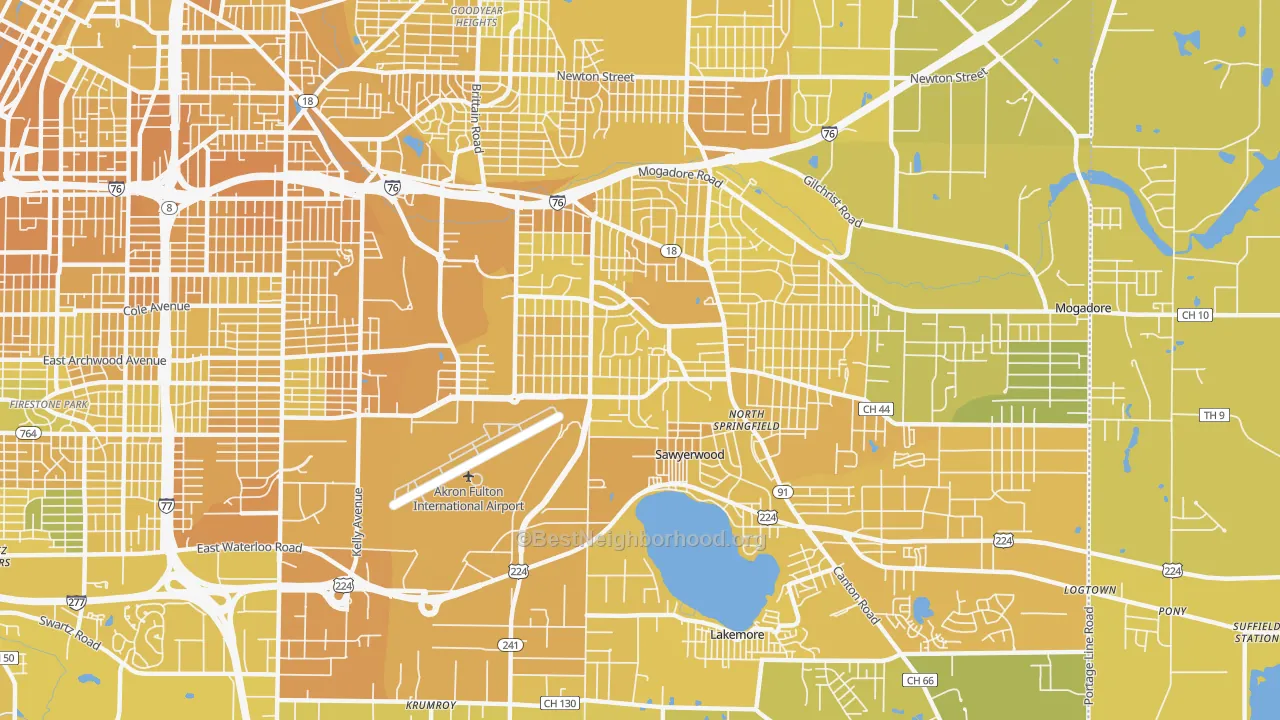 Map of the best neighborhoods in the Ellet, Akron area, with better matches in green and worse matches in red