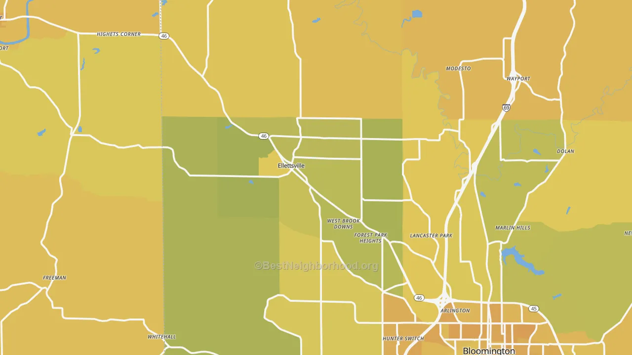Map of the best neighborhoods in the Ellettsville area, with better matches in green and worse matches in red