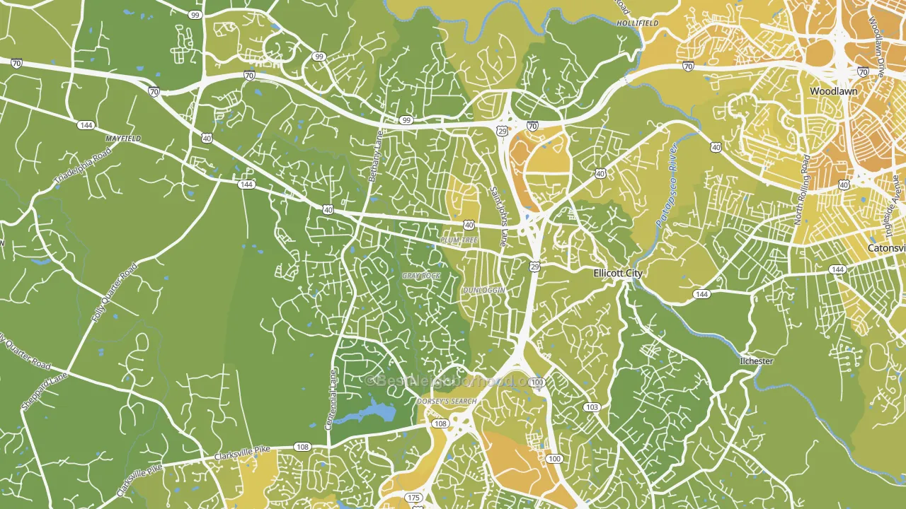 Map of the best neighborhoods in the Ellicott City area, with better matches in green and worse matches in red