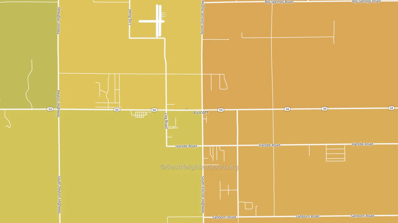 Map of the best neighborhoods in the Ellicott area, with better matches in green and worse matches in red