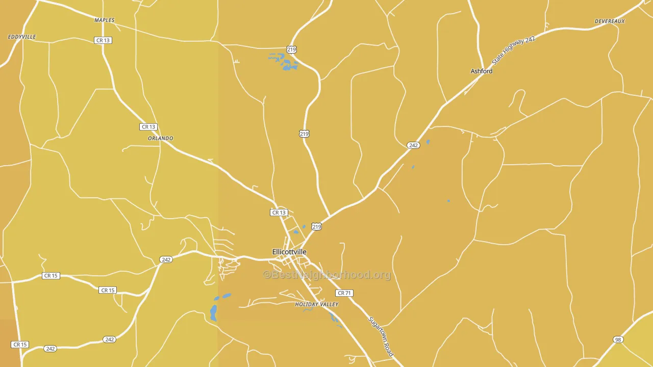 Map of the best neighborhoods in the Ellicottville area, with better matches in green and worse matches in red