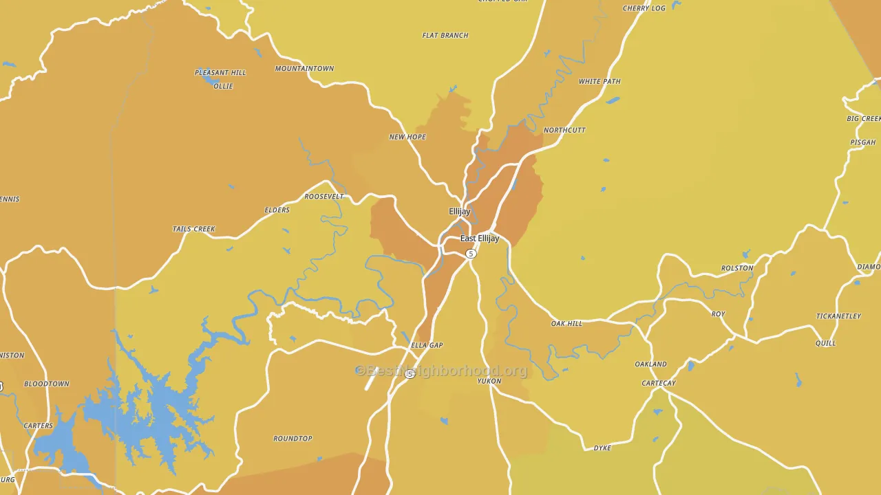 Map of the best neighborhoods in the Ellijay area, with better matches in green and worse matches in red