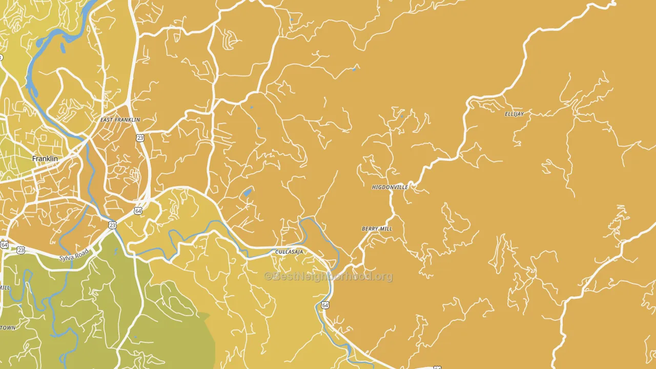 Map of the best neighborhoods in the Ellijay area, with better matches in green and worse matches in red