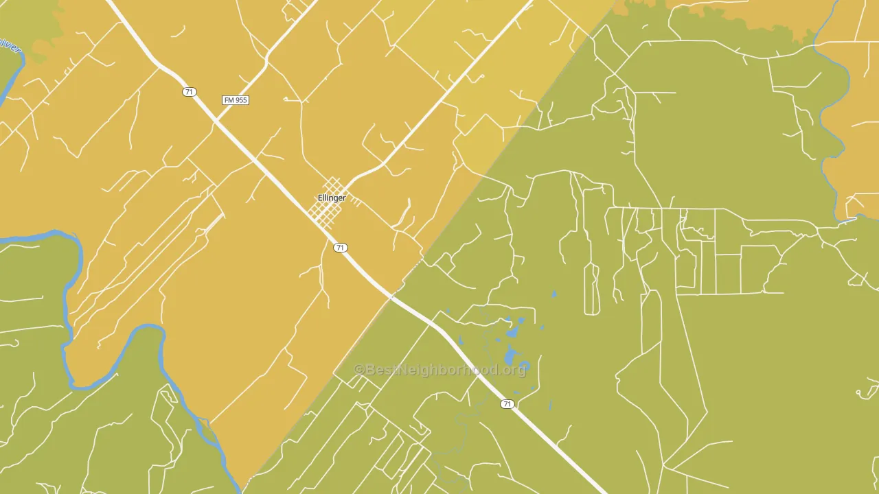 Map of the best neighborhoods in the Ellinger area, with better matches in green and worse matches in red