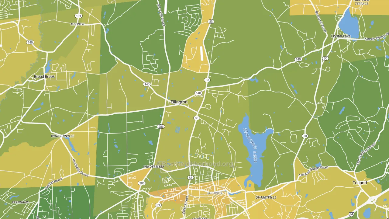 Map of the best neighborhoods in the Ellington area, with better matches in green and worse matches in red