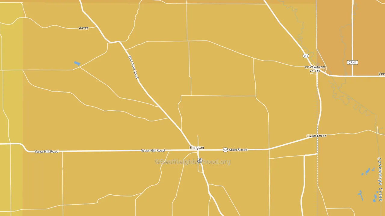 Map of the best neighborhoods in the Ellington area, with better matches in green and worse matches in red