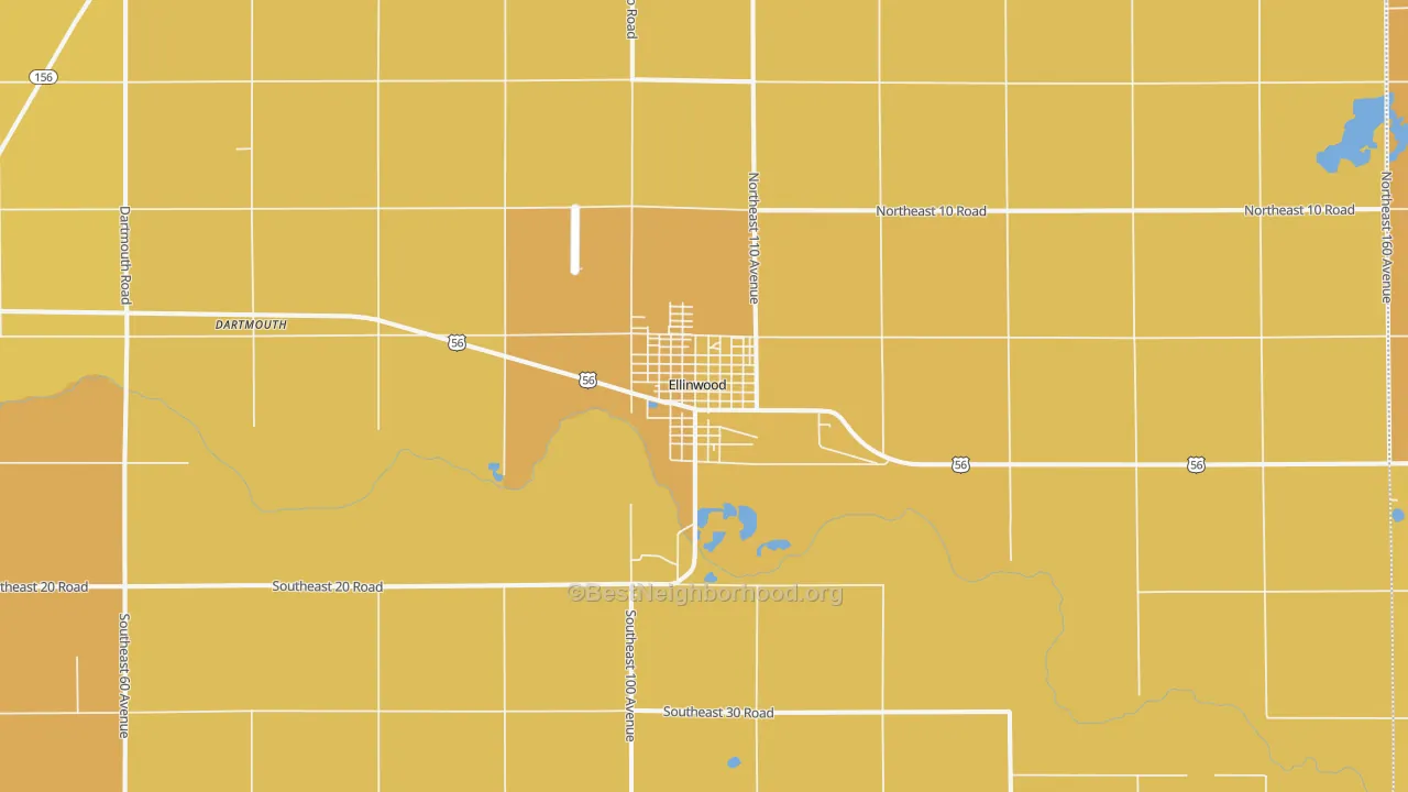 Map of the best neighborhoods in the Ellinwood area, with better matches in green and worse matches in red