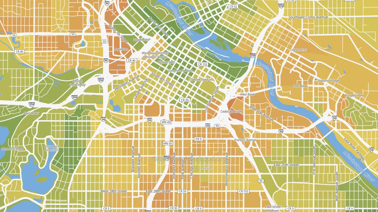 Map of the best neighborhoods in the Elliot Park, Minneapolis area, with better matches in green and worse matches in red
