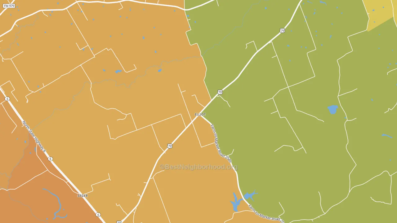 Map of the best neighborhoods in the Elliot area, with better matches in green and worse matches in red
