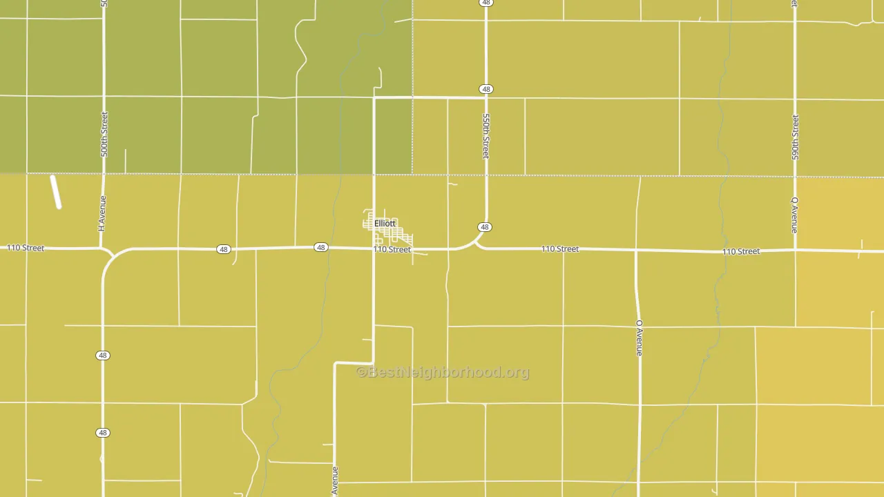 Map of the best neighborhoods in the Elliott area, with better matches in green and worse matches in red