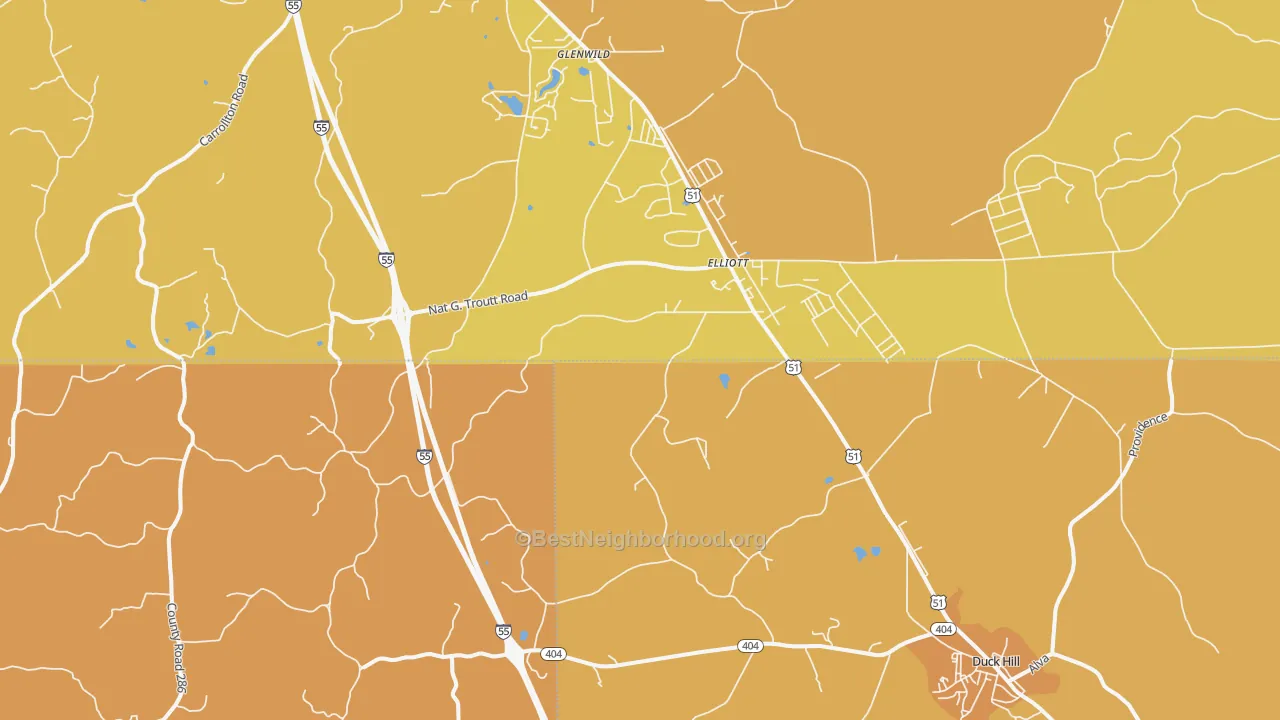 Map of the best neighborhoods in the Elliott area, with better matches in green and worse matches in red