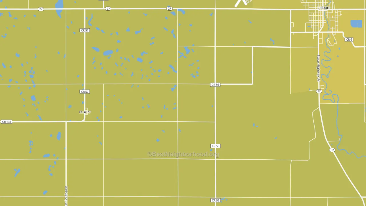 Map of the best neighborhoods in the Elliott area, with better matches in green and worse matches in red