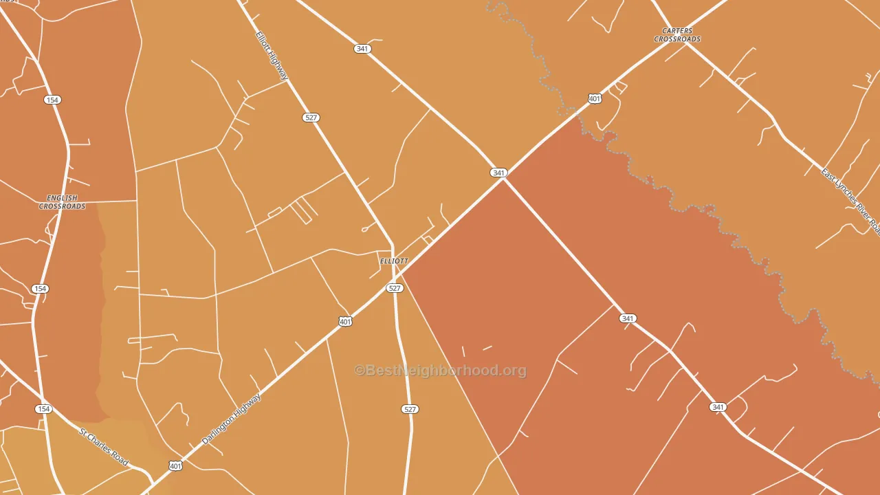 Map of the best neighborhoods in the Elliott area, with better matches in green and worse matches in red