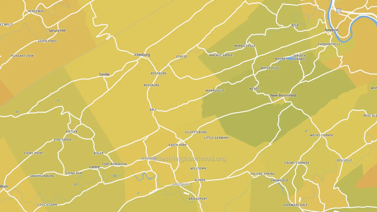 Map of the best neighborhoods in the Elliottsburg area, with better matches in green and worse matches in red