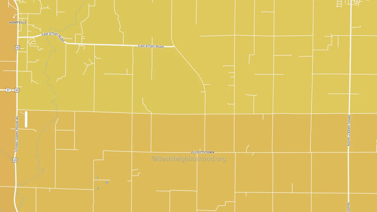 Map of the best neighborhoods in the Elliottstown area, with better matches in green and worse matches in red