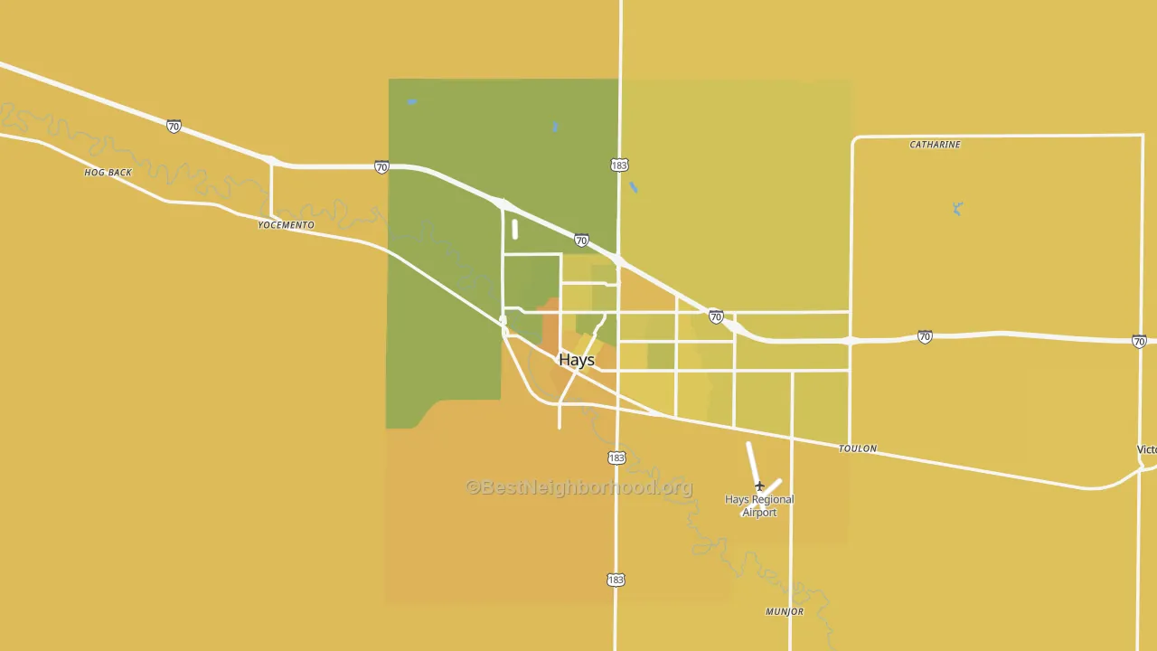 Map of the best neighborhoods in the Ellis County area, with better matches in green and worse matches in red