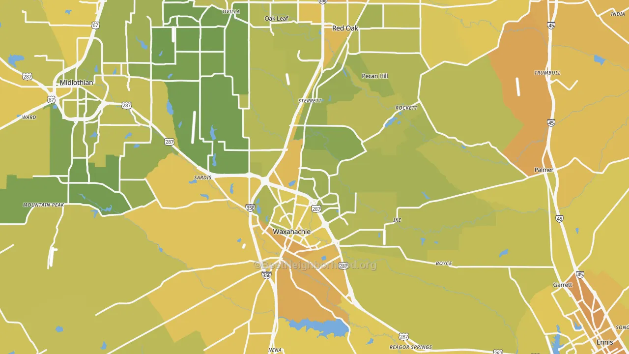 Map of the best neighborhoods in the Ellis County area, with better matches in green and worse matches in red