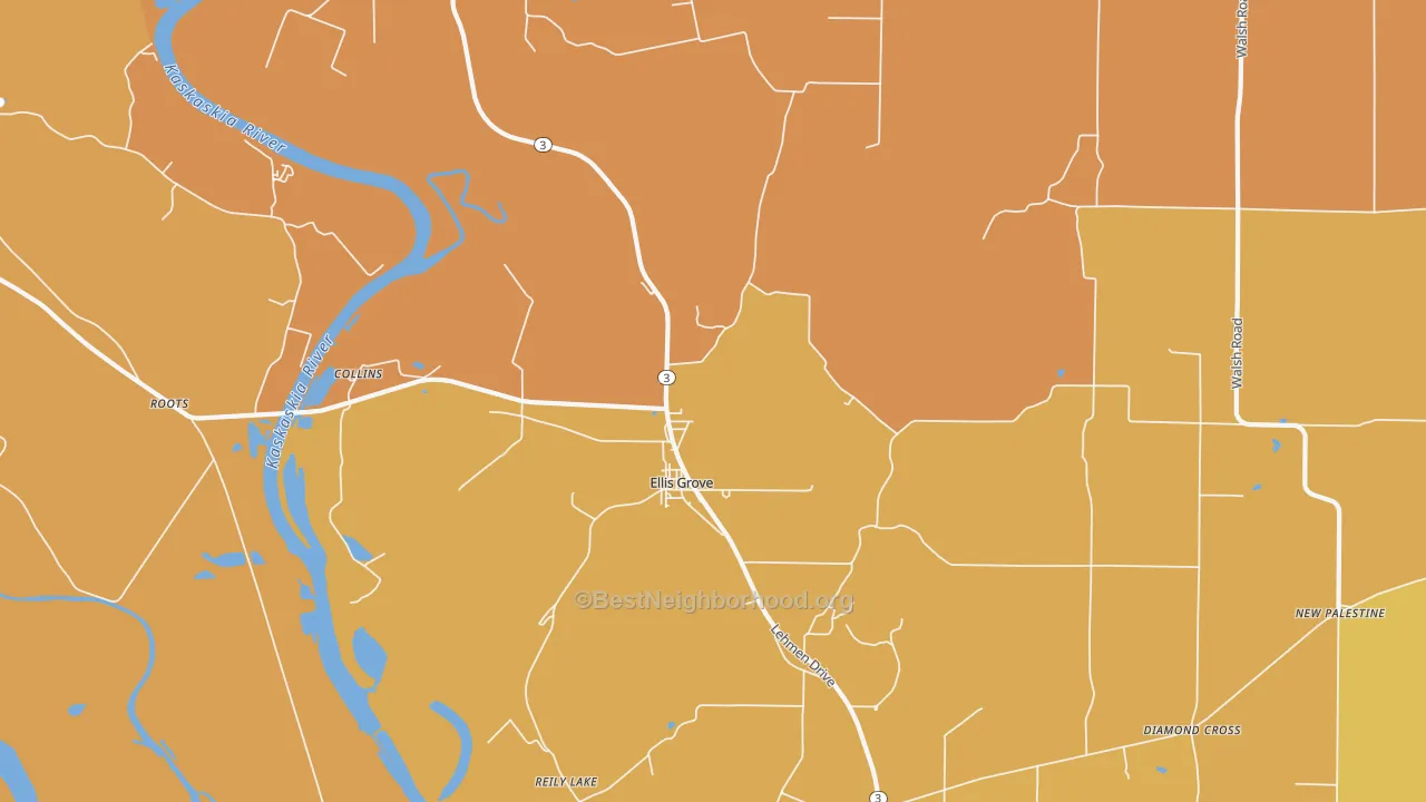 Map of the best neighborhoods in the Ellis Grove area, with better matches in green and worse matches in red