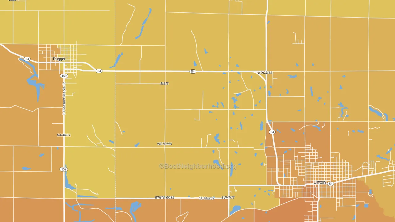 Map of the best neighborhoods in the Ellis area, with better matches in green and worse matches in red