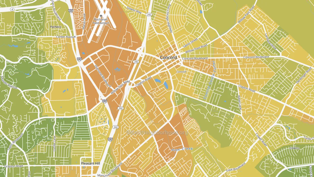 Map of the best neighborhoods in the Ellis Lake, Concord area, with better matches in green and worse matches in red