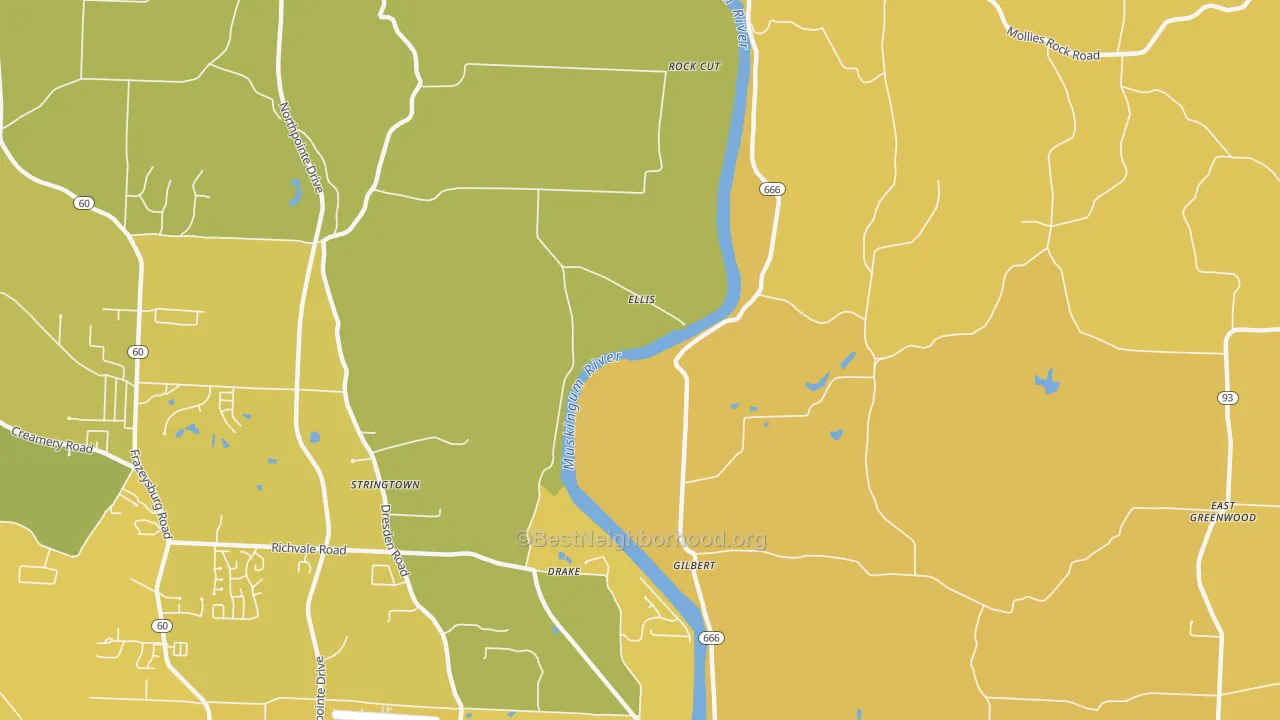 Map of the best neighborhoods in the Ellis area, with better matches in green and worse matches in red