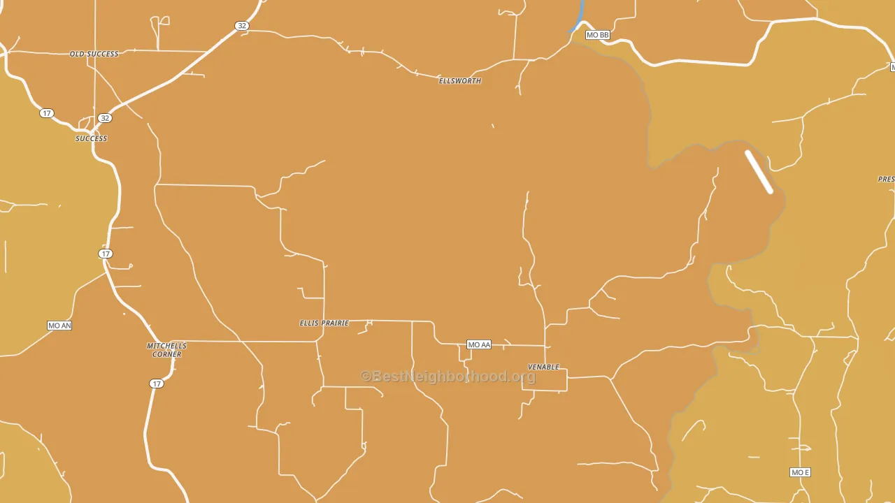Map of the best neighborhoods in the Ellis Prairie area, with better matches in green and worse matches in red
