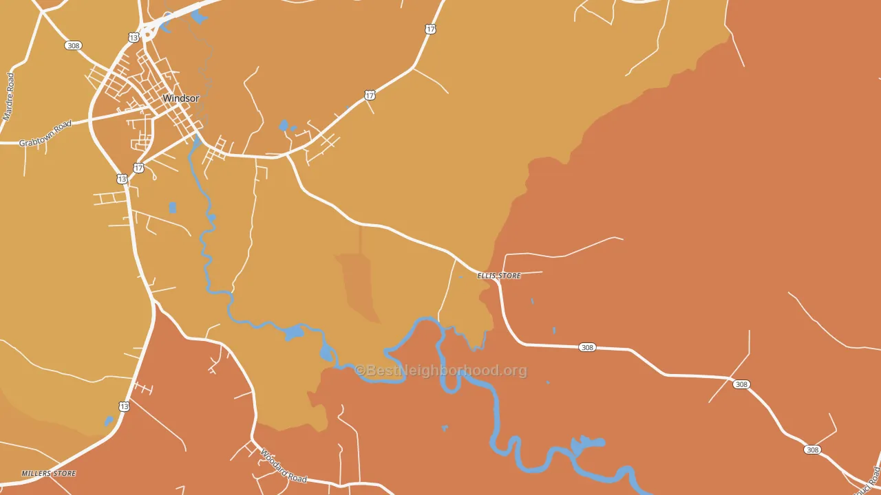 Map of the best neighborhoods in the Ellis Store area, with better matches in green and worse matches in red