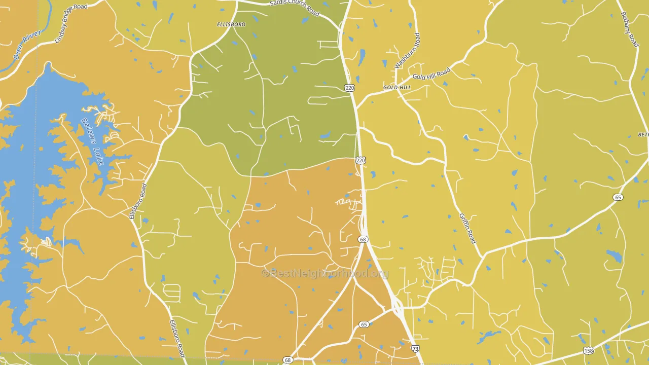 Map of the best neighborhoods in the Ellisboro area, with better matches in green and worse matches in red
