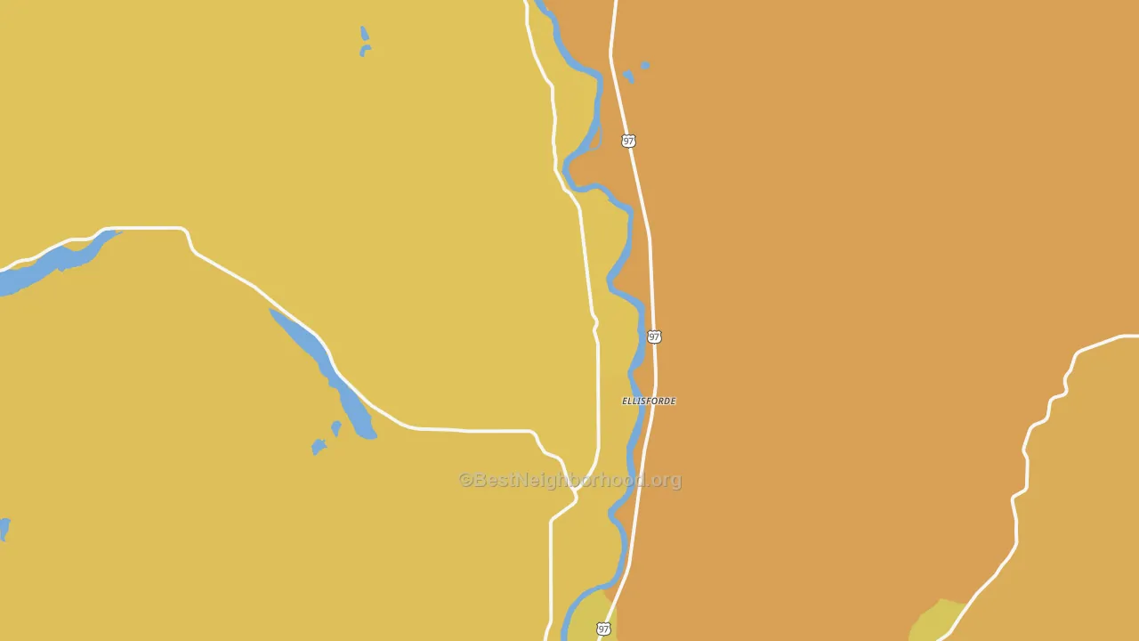 Map of the best neighborhoods in the Ellisforde area, with better matches in green and worse matches in red