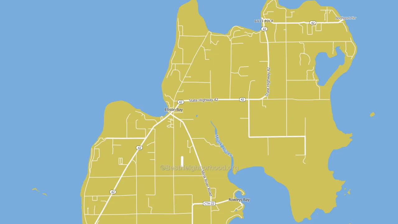 Map of the best neighborhoods in the Ellison Bay area, with better matches in green and worse matches in red