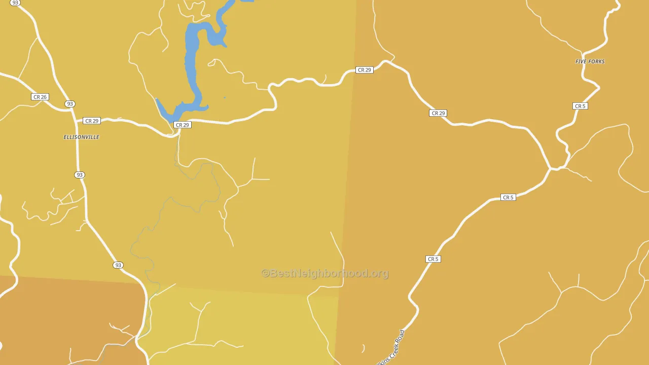 Map of the best neighborhoods in the Ellisonville area, with better matches in green and worse matches in red