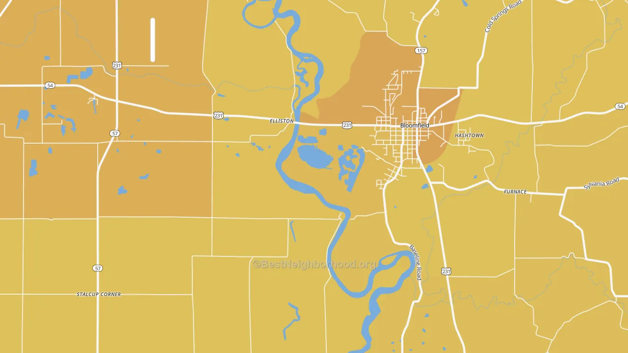 Map of the best neighborhoods in the Elliston area, with better matches in green and worse matches in red