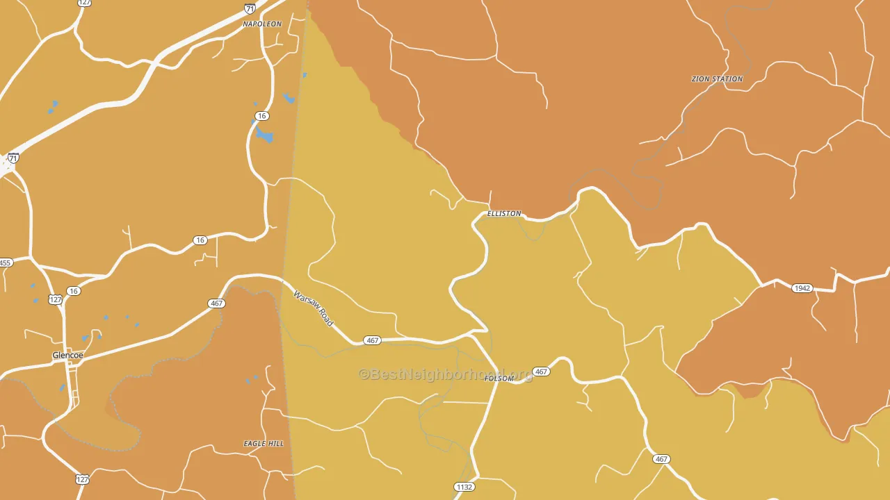 Map of the best neighborhoods in the Elliston area, with better matches in green and worse matches in red