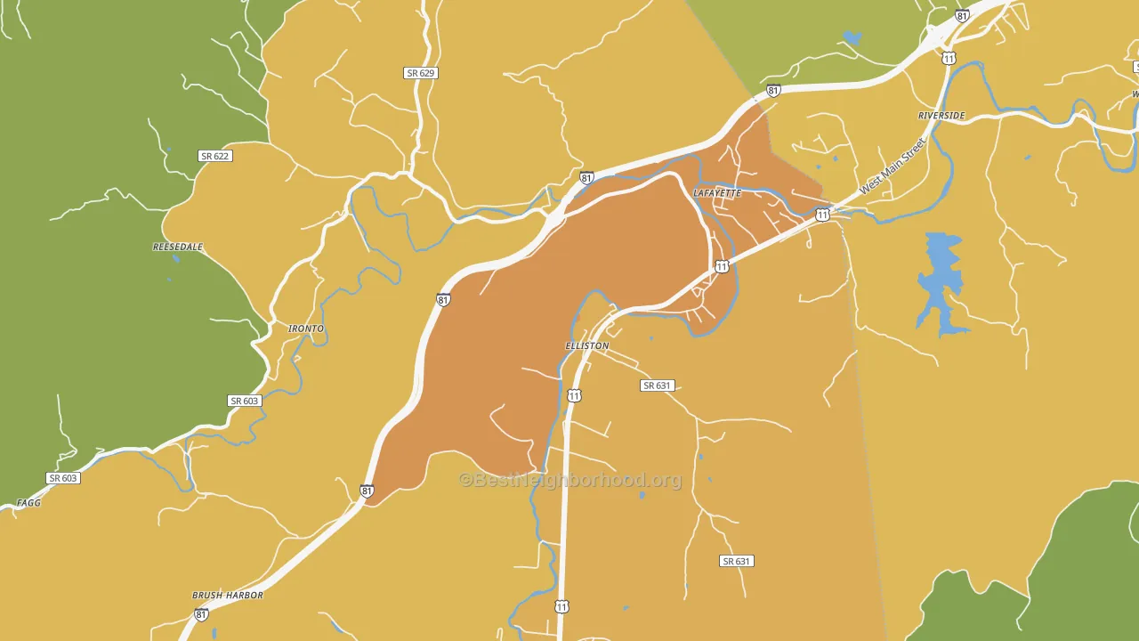 Map of the best neighborhoods in the Elliston area, with better matches in green and worse matches in red