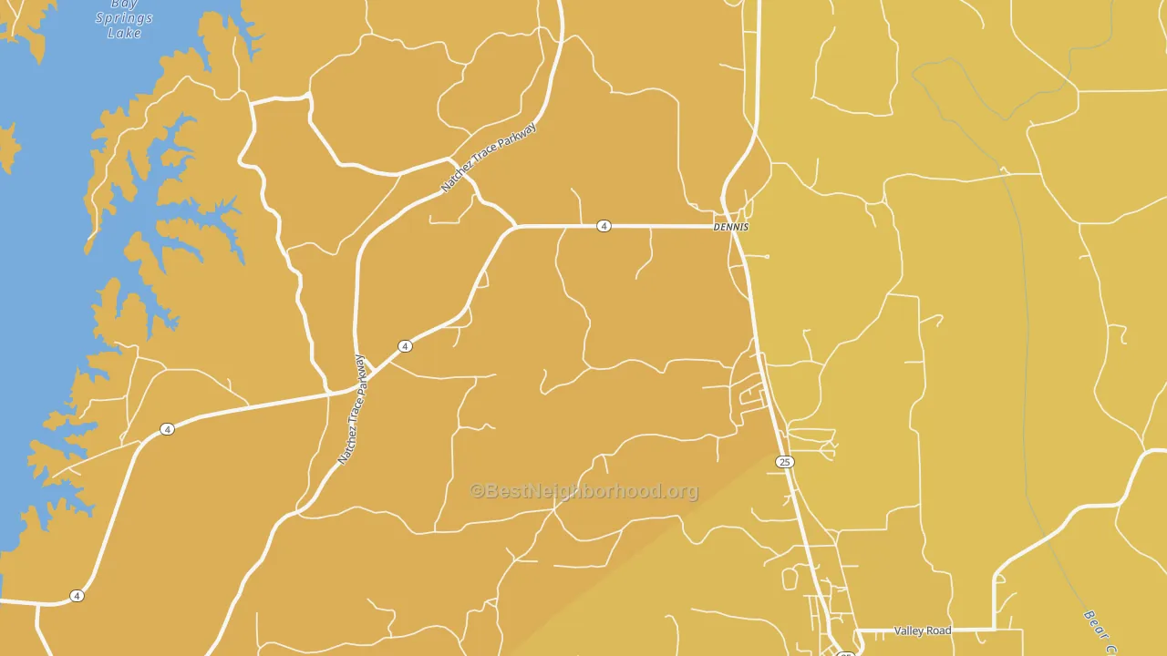 Map of the best neighborhoods in the Ellistown area, with better matches in green and worse matches in red